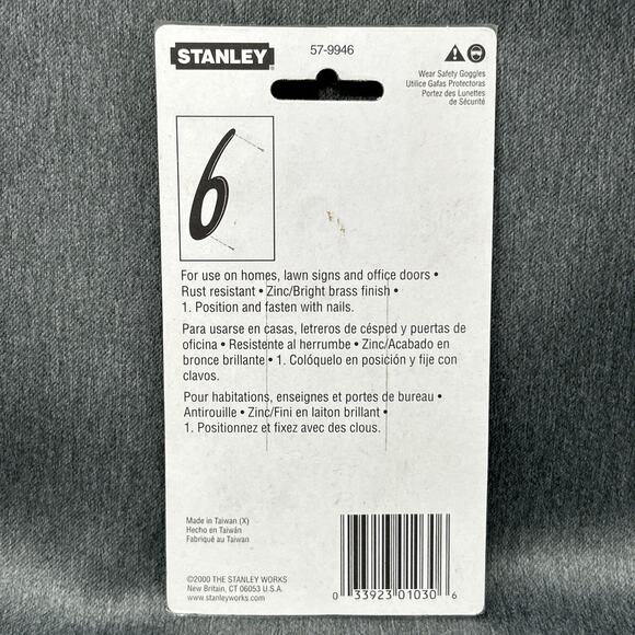 Vintage 2000 Stanley House Number 6 Brass Finish 4" Metal NOS Packaged 57-9946 - Picture 2 of 9